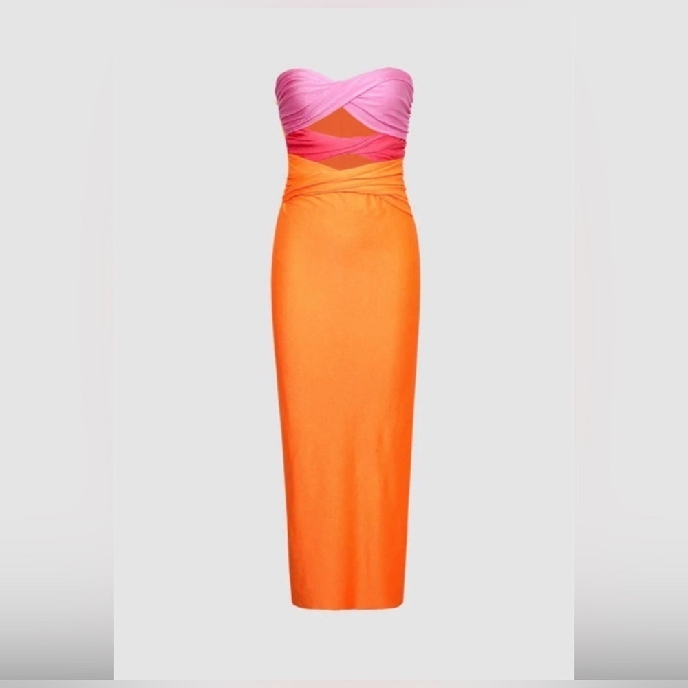 NWT Commense Bright Pink Orange Colorblock Cut Out Tube Top Mermaid Dress resort - Picture 2 of 8
